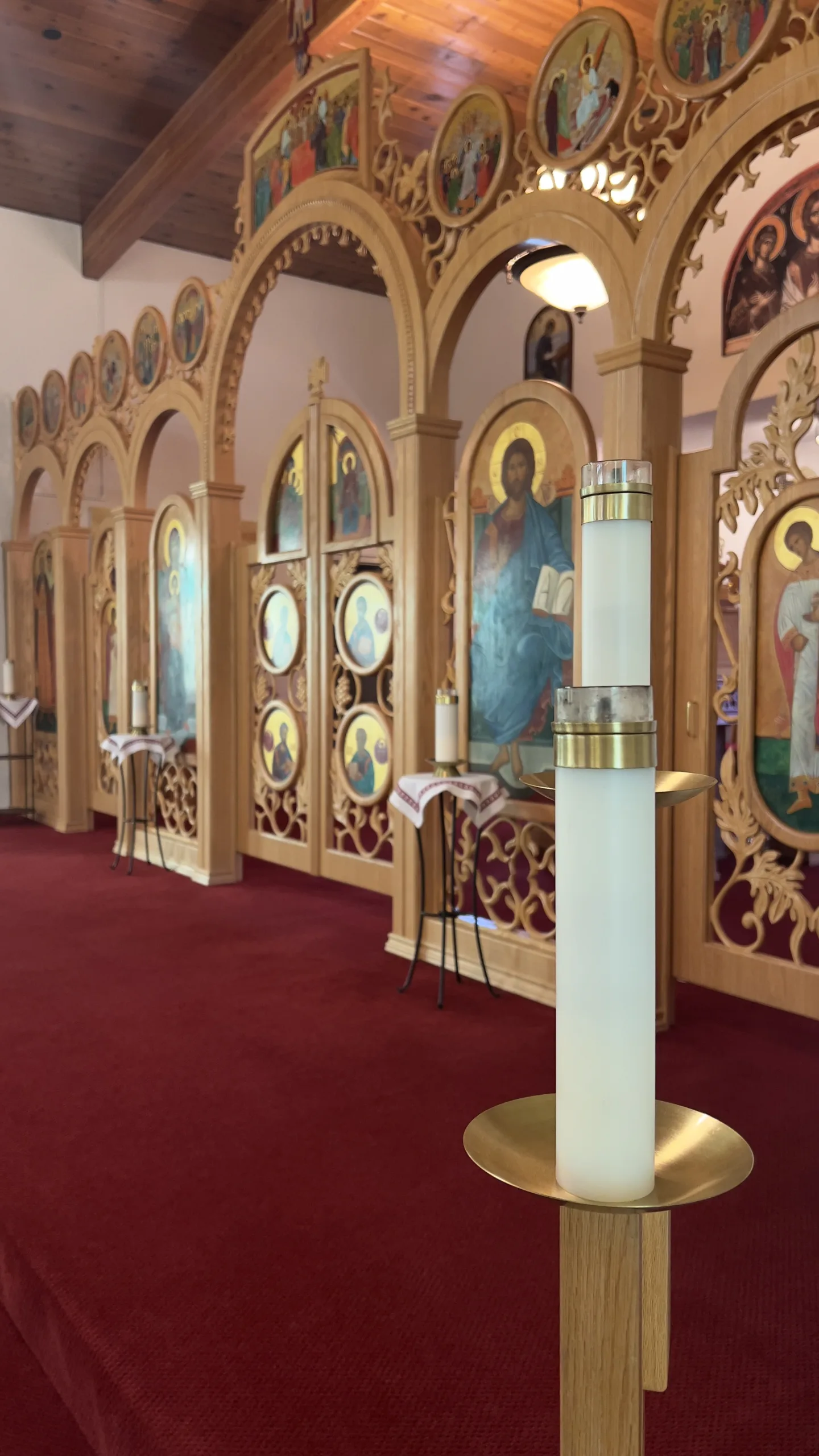 Beautiful altar of St. Nicholas Ukrainian Catholic Church in Edmonton, adorned with religious icons and intricate decorations.